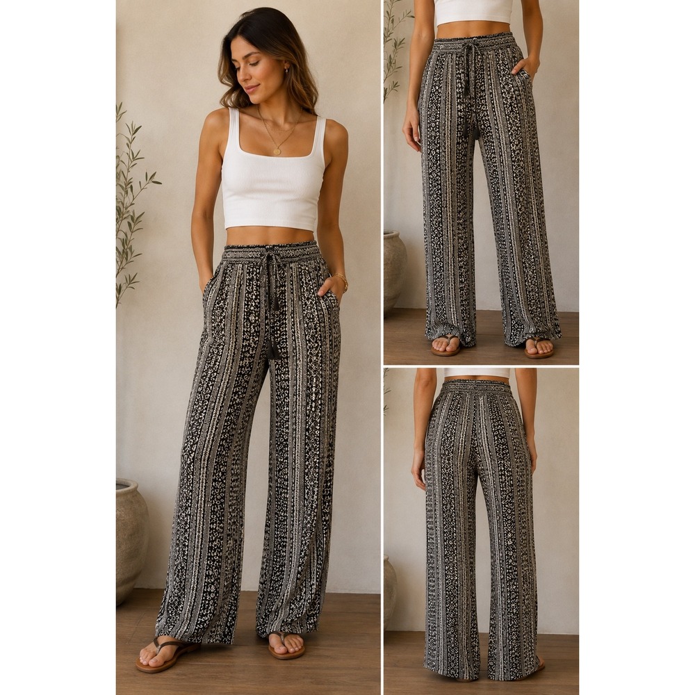 r2d apparel Wide Leg Pants Womens Medium Black White Excellent Boho Print